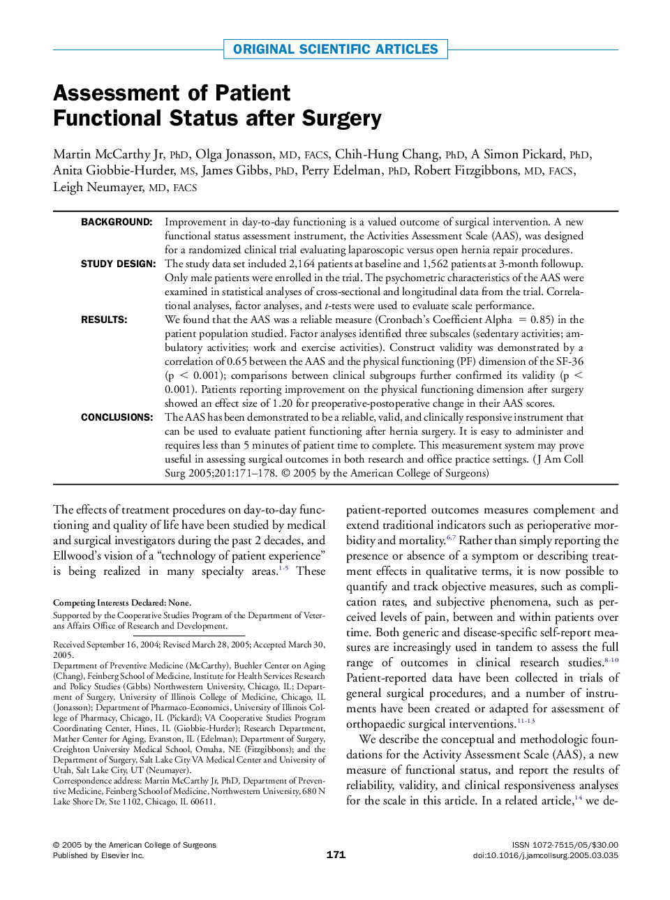 Assessment of Patient Functional Status after Surgery