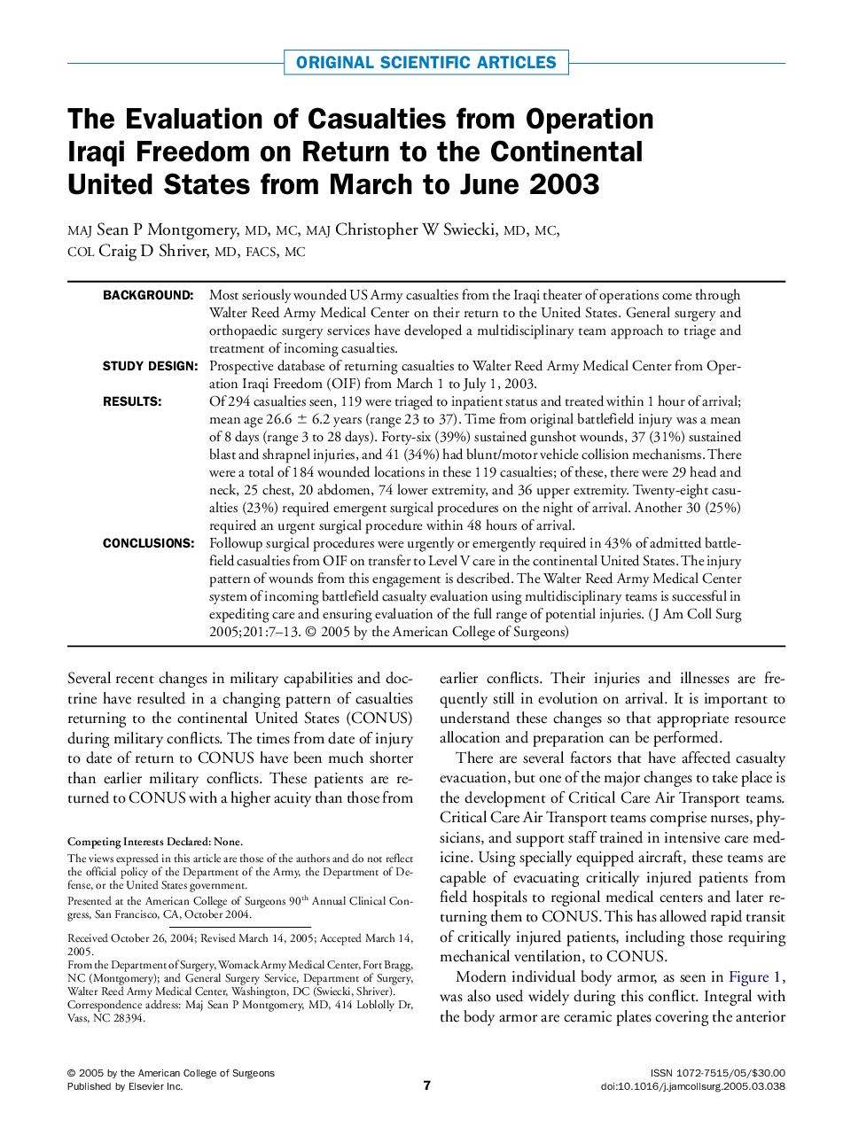 The Evaluation of Casualties from Operation Iraqi Freedom on Return to the Continental United States from March to June 2003