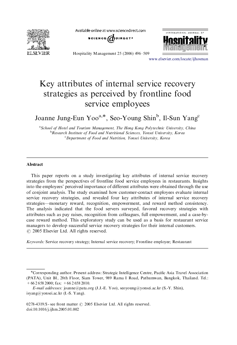 Key attributes of internal service recovery strategies as perceived by frontline food service employees