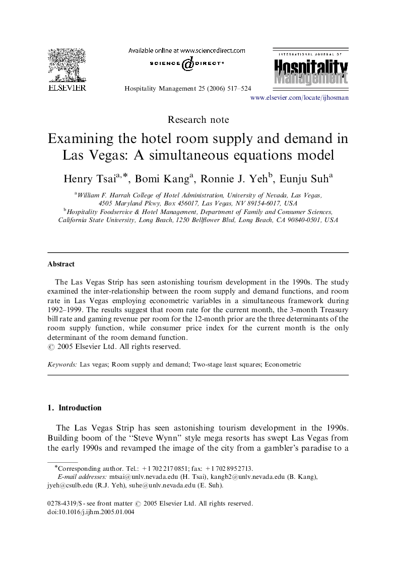 Examining the hotel room supply and demand in Las Vegas: A simultaneous equations model