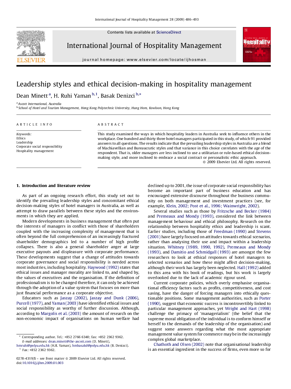 Leadership styles and ethical decision-making in hospitality management