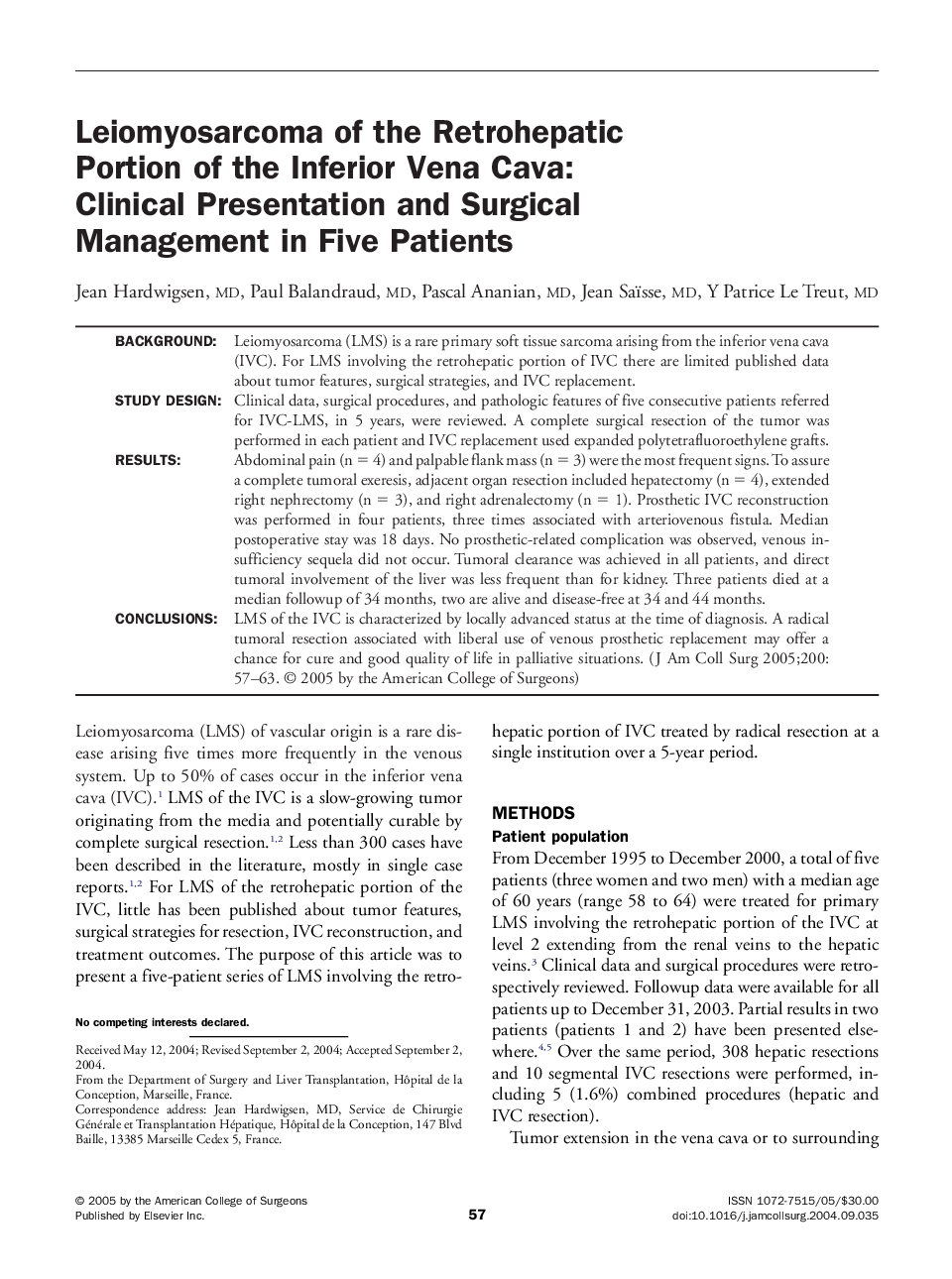 Leiomyosarcoma of the retrohepatic portion of the inferior vena cava: Clinical presentation and surgical management in five patients