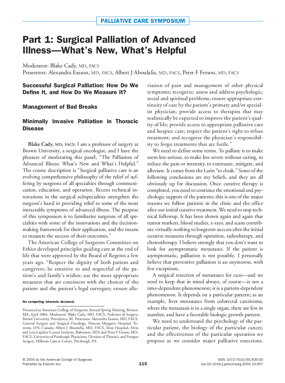 Part 1: Surgical palliation of advanced illness-what's new, what's helpful