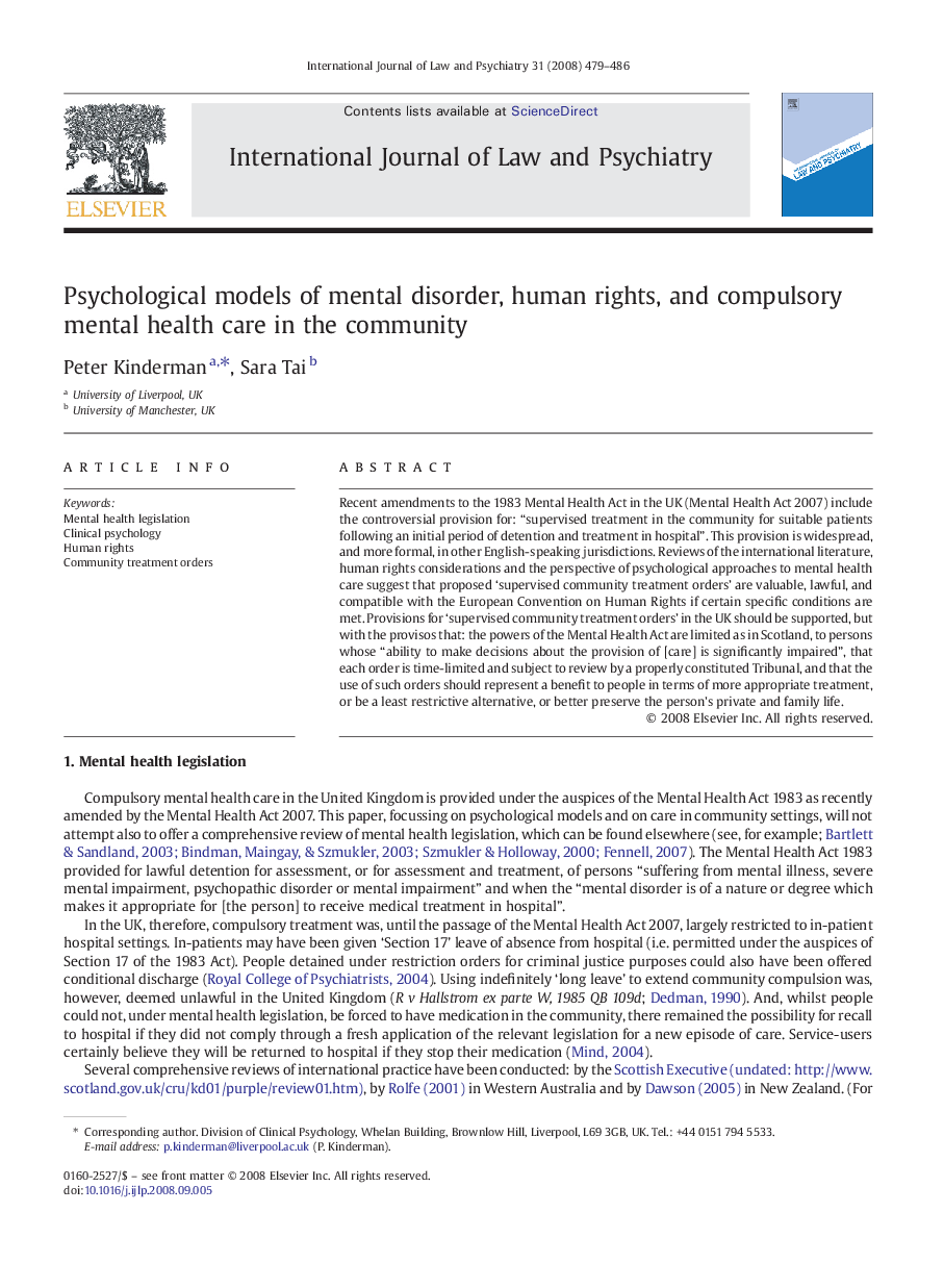 Psychological models of mental disorder, human rights, and compulsory mental health care in the community