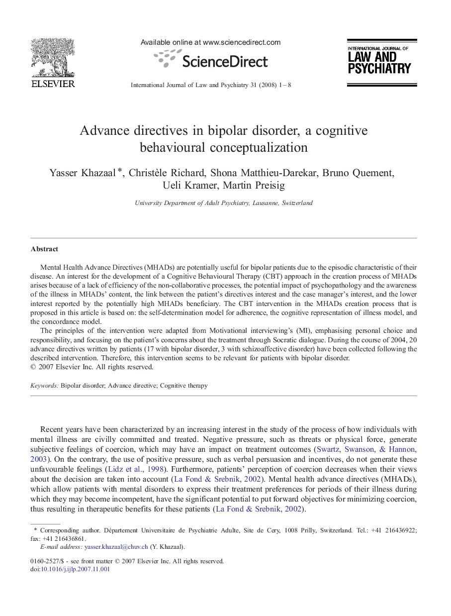 Advance directives in bipolar disorder, a cognitive behavioural conceptualization