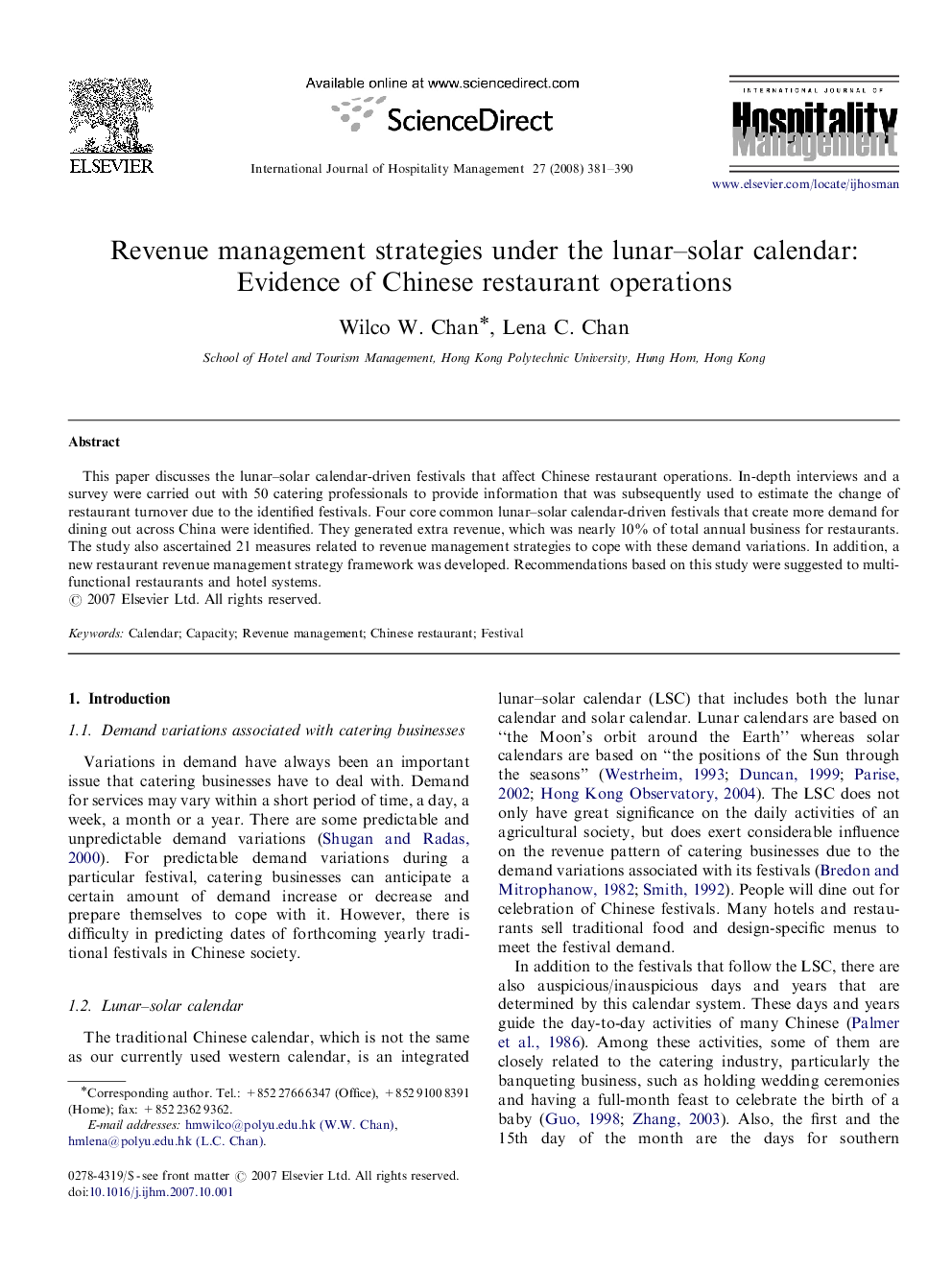 Revenue management strategies under the lunar–solar calendar: Evidence of Chinese restaurant operations