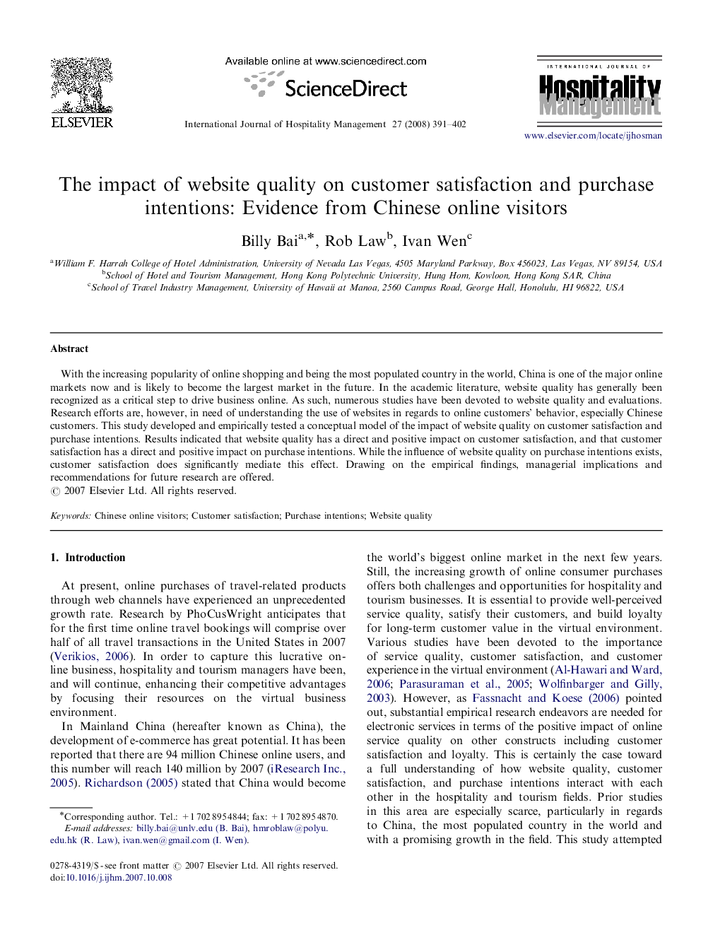 The impact of website quality on customer satisfaction and purchase intentions: Evidence from Chinese online visitors