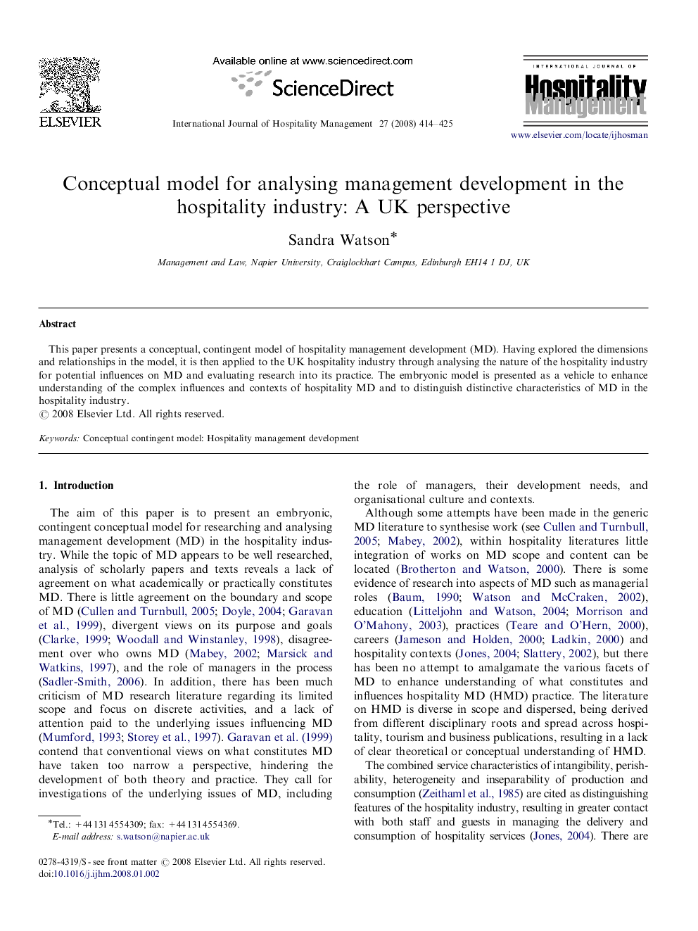 Conceptual model for analysing management development in the hospitality industry: A UK perspective