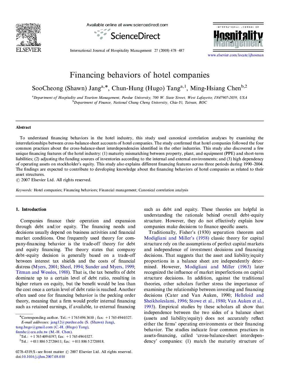 Financing behaviors of hotel companies