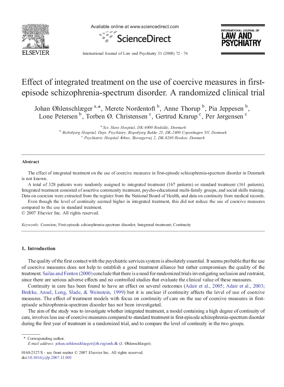 Effect of integrated treatment on the use of coercive measures in first-episode schizophrenia-spectrum disorder. A randomized clinical trial