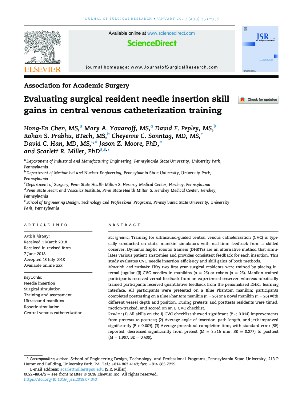 Evaluating surgical resident needle insertion skill gains in central venous catheterization training