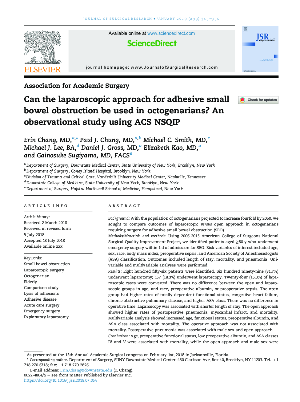 Can the laparoscopic approach for adhesive small bowel obstruction be used in octogenarians? An observational study using ACS NSQIP