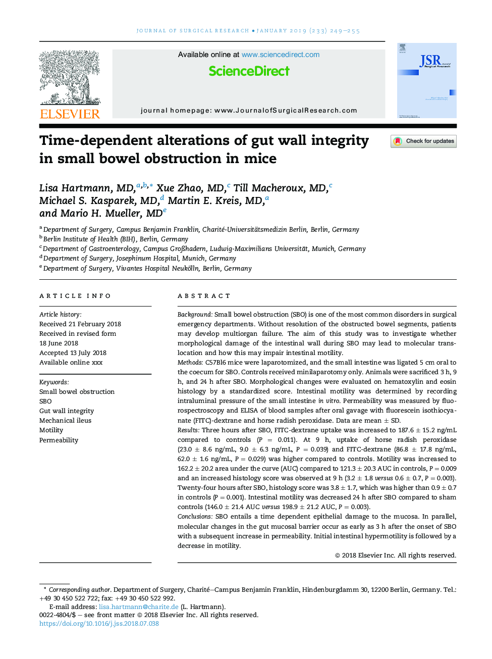 Time-dependent alterations of gut wall integrity in small bowel obstruction in mice