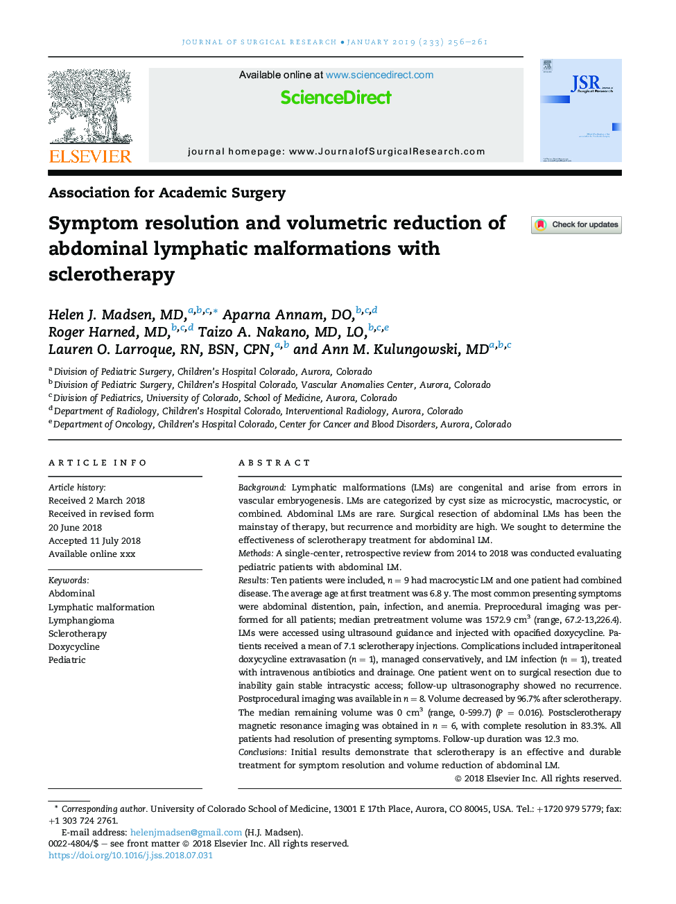 Symptom resolution and volumetric reduction of abdominal lymphatic malformations with sclerotherapy