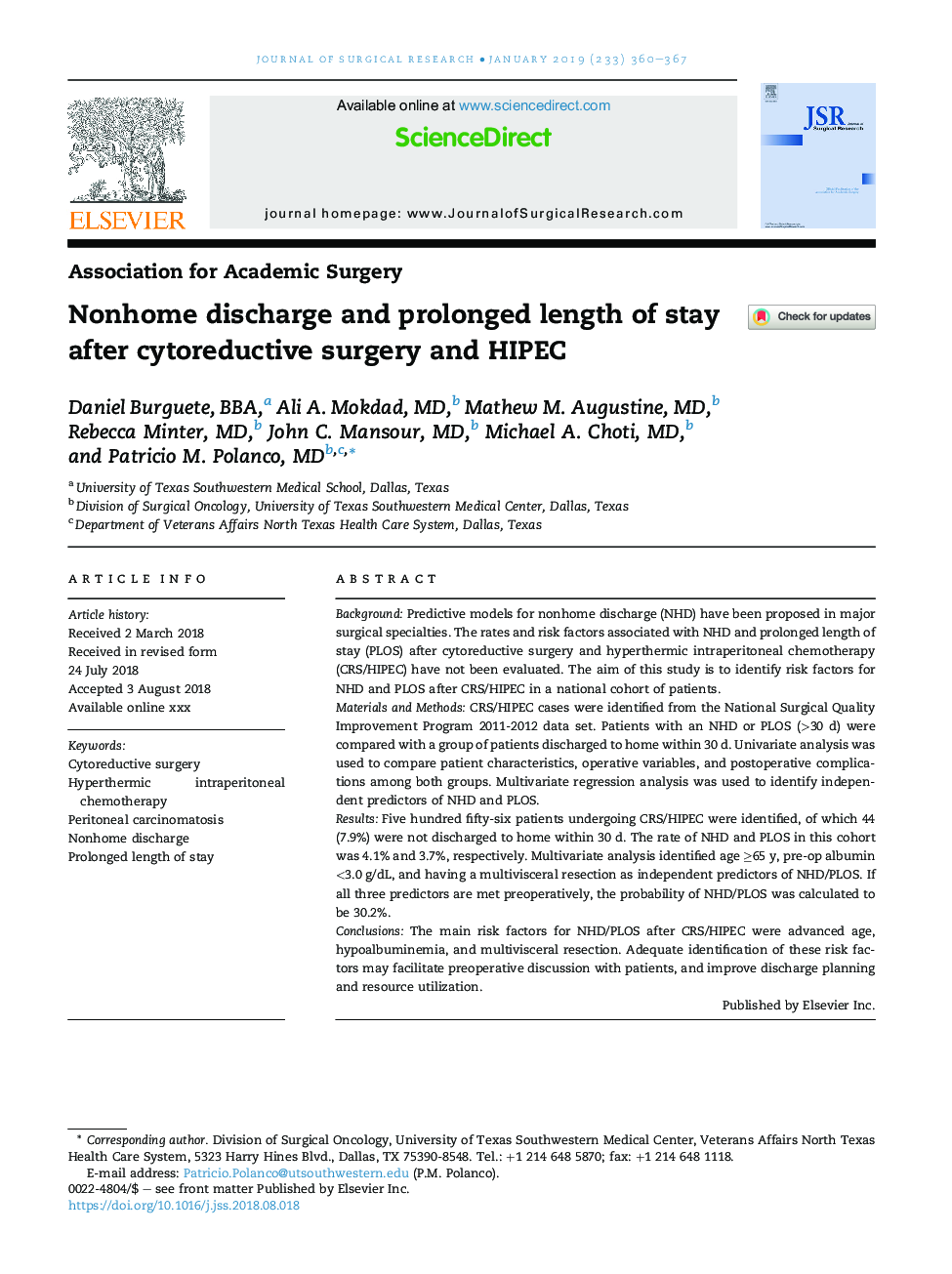 Nonhome discharge and prolonged length of stay after cytoreductive surgery and HIPEC