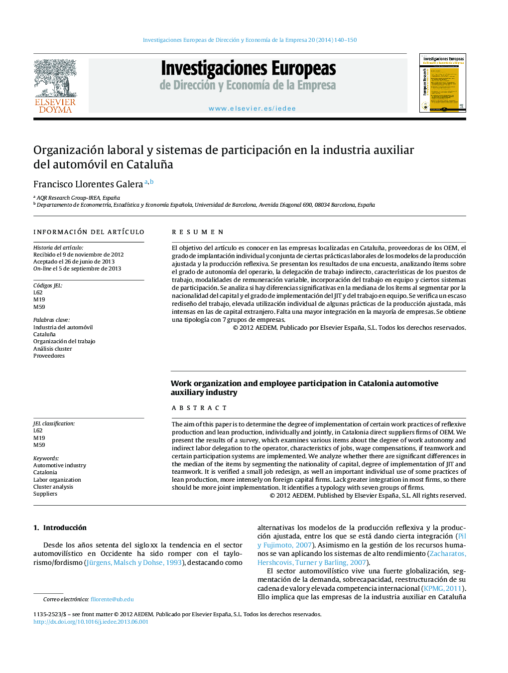 Organización laboral y sistemas de participación en la industria auxiliar del automóvil en Cataluña