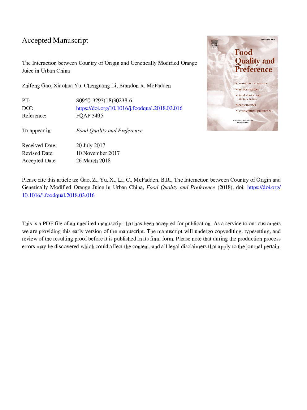 The interaction between country of origin and genetically modified orange juice in urban China