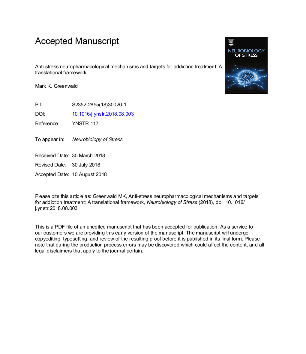 Anti-stress neuropharmacological mechanisms and targets for addiction treatment: A translational framework