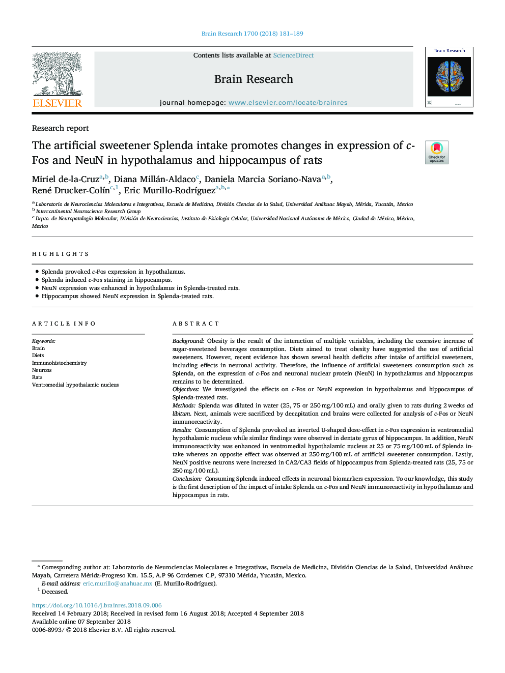 The artificial sweetener Splenda intake promotes changes in expression of c-Fos and NeuN in hypothalamus and hippocampus of rats