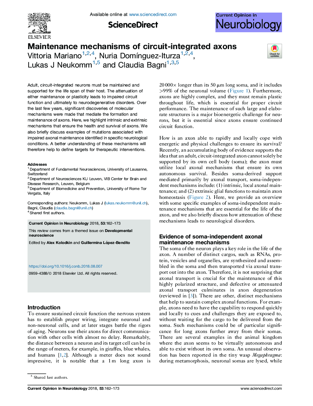 Maintenance mechanisms of circuit-integrated axons