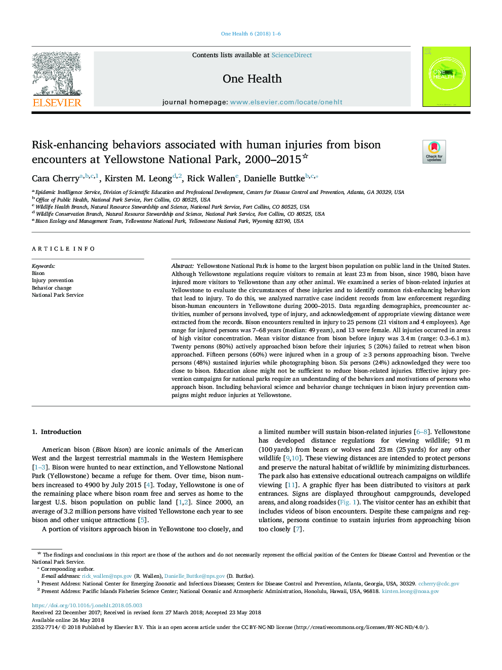 Risk-enhancing behaviors associated with human injuries from bison encounters at Yellowstone National Park, 2000-2015