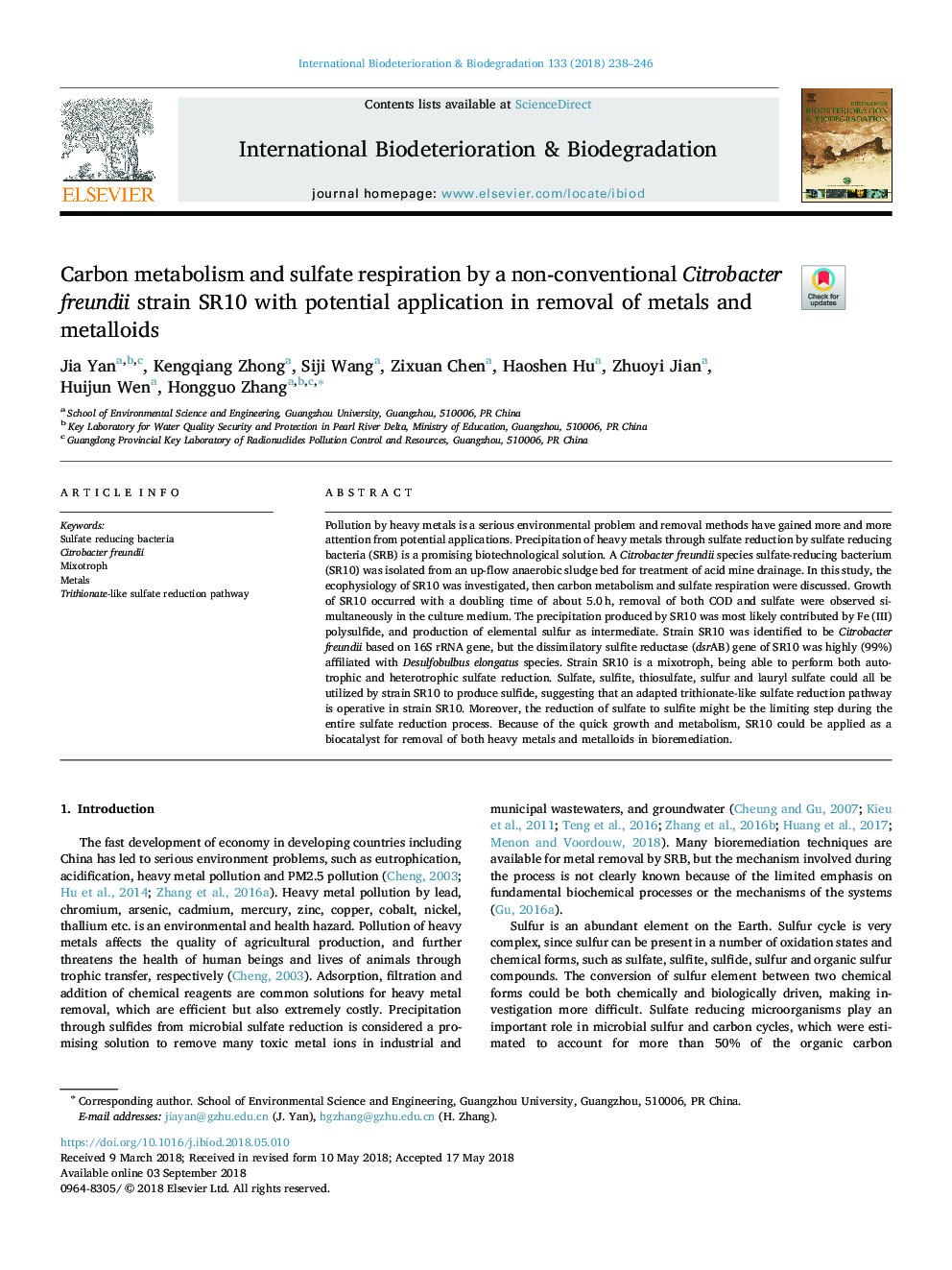 Carbon metabolism and sulfate respiration by a non-conventional Citrobacter freundii strain SR10 with potential application in removal of metals and metalloids