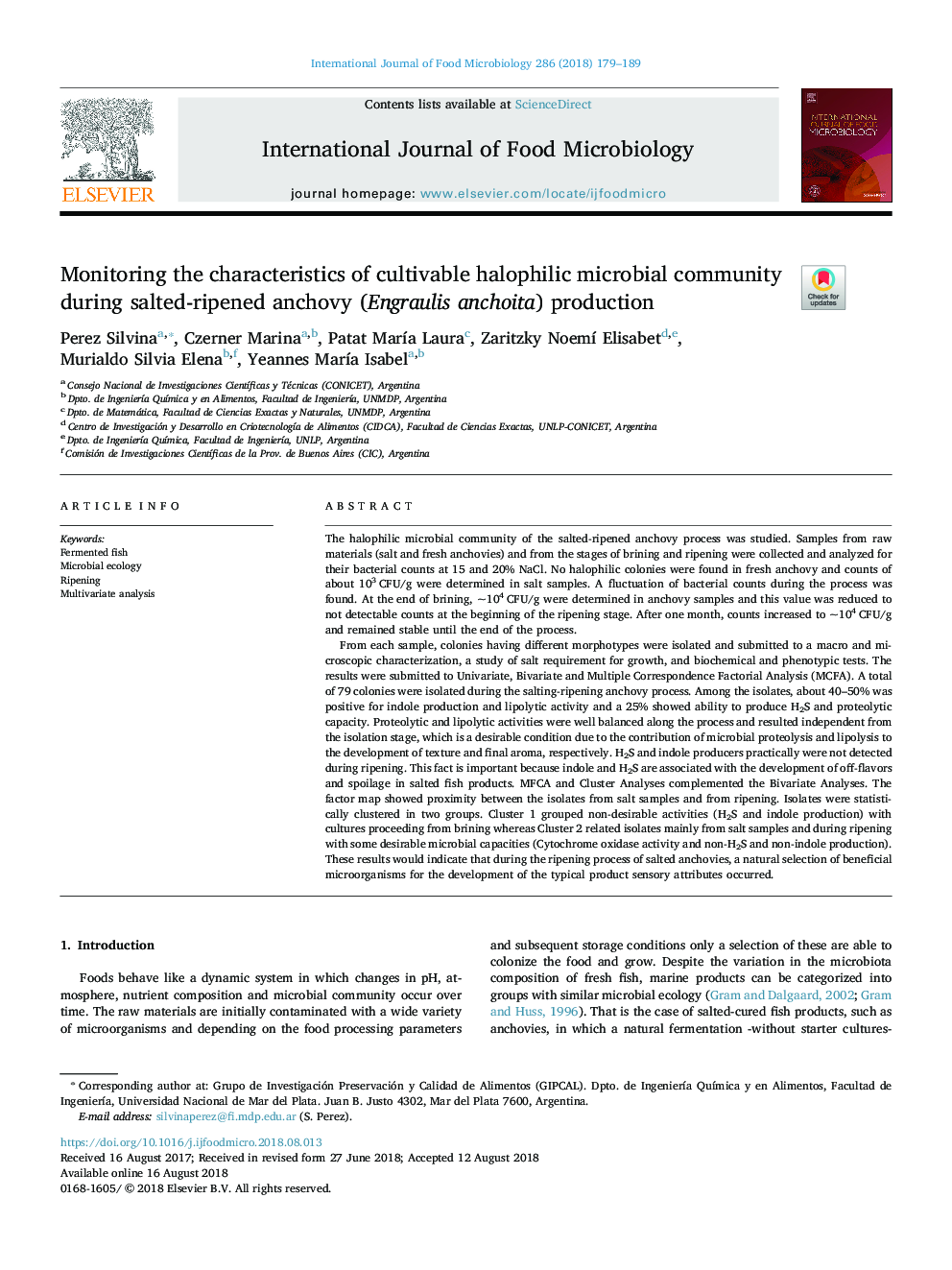 Monitoring the characteristics of cultivable halophilic microbial community during salted-ripened anchovy (Engraulis anchoita) production