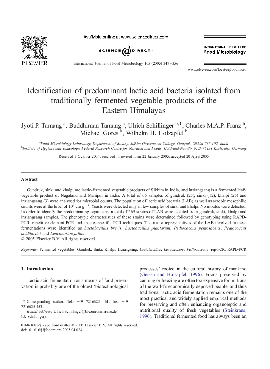 Identification of predominant lactic acid bacteria isolated from traditionally fermented vegetable products of the Eastern Himalayas