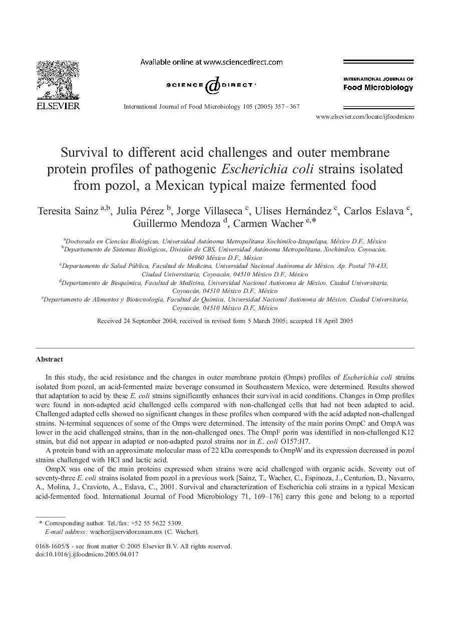 Survival to different acid challenges and outer membrane protein profiles of pathogenic Escherichia coli strains isolated from pozol, a Mexican typical maize fermented food