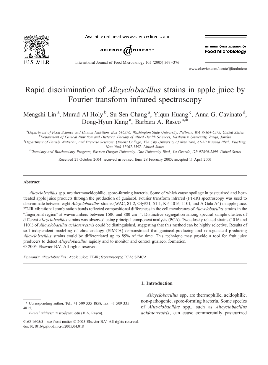 Rapid discrimination of Alicyclobacillus strains in apple juice by Fourier transform infrared spectroscopy