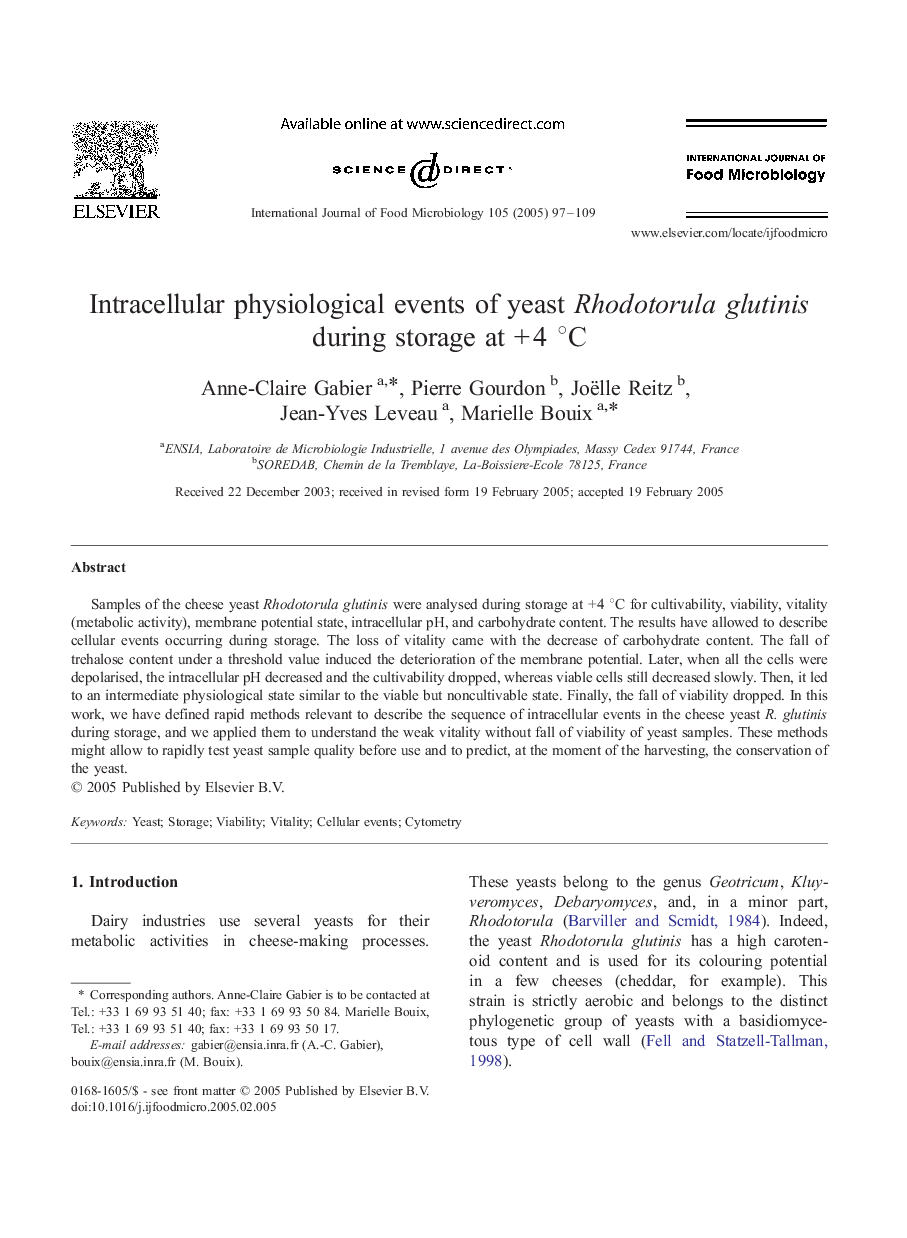 Intracellular physiological events of yeast Rhodotorula glutinis during storage at +Â 4 Â°C