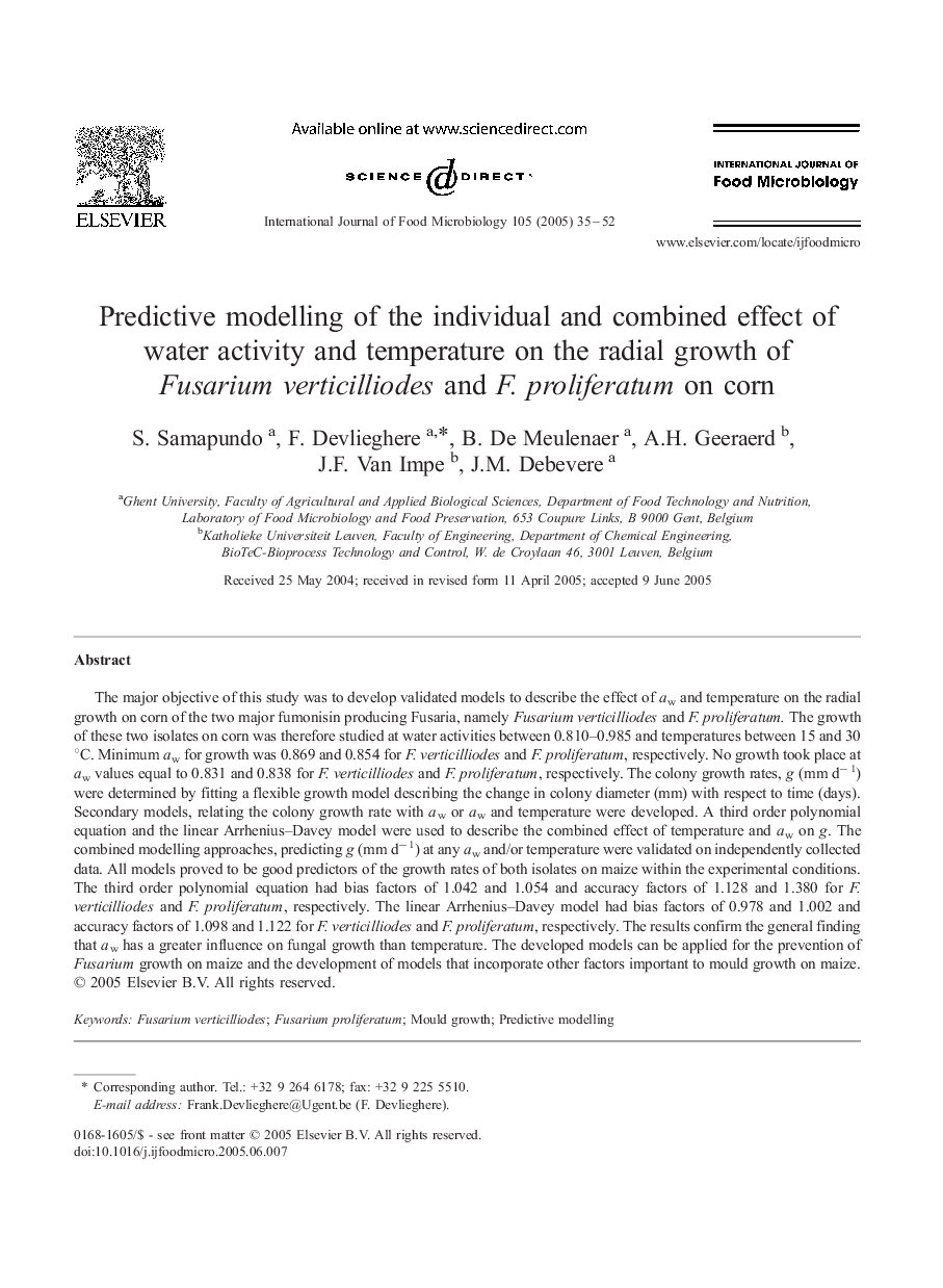 Predictive modelling of the individual and combined effect of water activity and temperature on the radial growth of Fusarium verticilliodes and F. proliferatum on corn