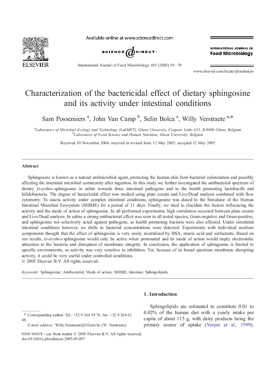 Characterization of the bactericidal effect of dietary sphingosine and its activity under intestinal conditions