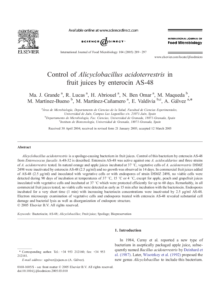 Control of Alicyclobacillus acidoterrestris in fruit juices by enterocin AS-48