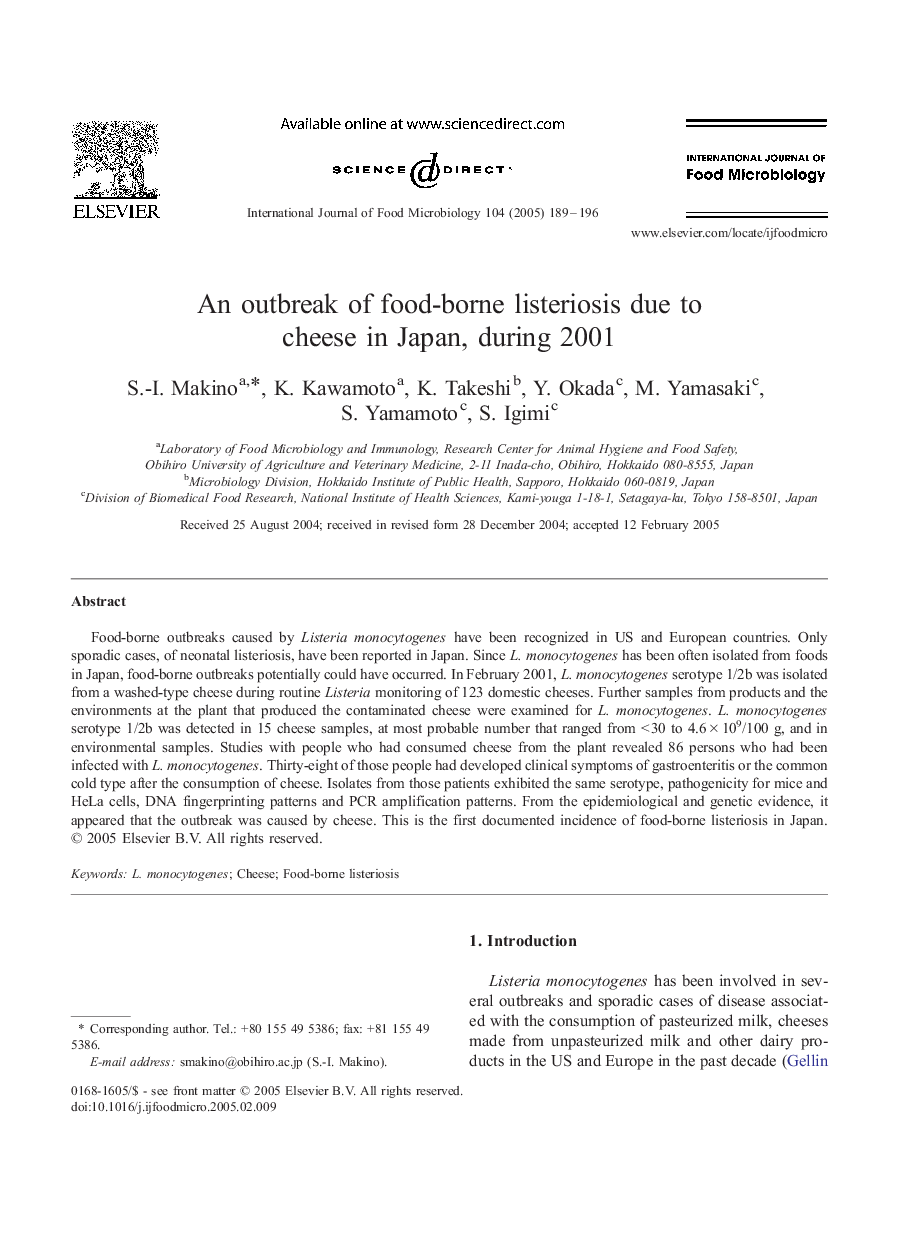 An outbreak of food-borne listeriosis due to cheese in Japan, during 2001