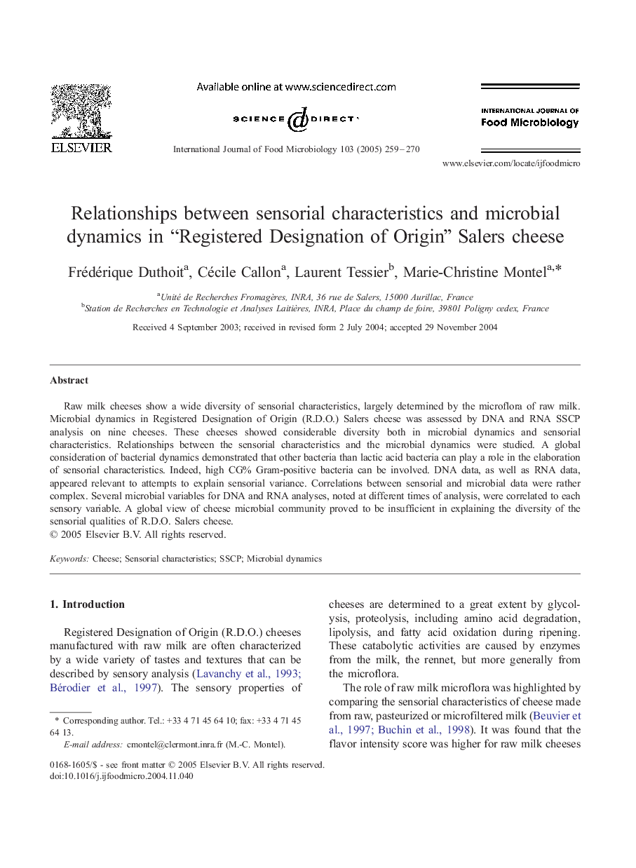 Relationships between sensorial characteristics and microbial dynamics in “Registered Designation of Origin” Salers cheese