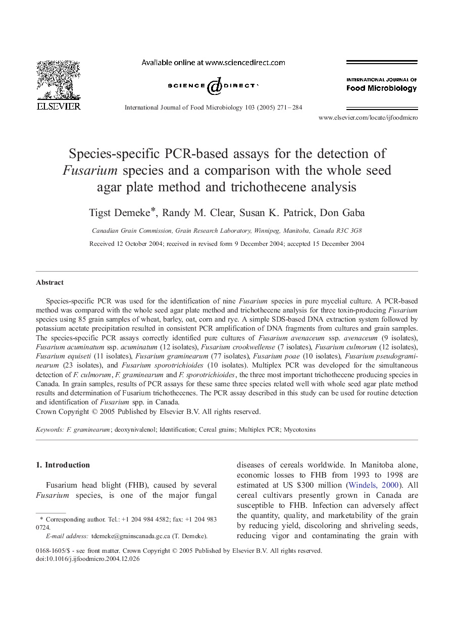 Species-specific PCR-based assays for the detection of Fusarium species and a comparison with the whole seed agar plate method and trichothecene analysis