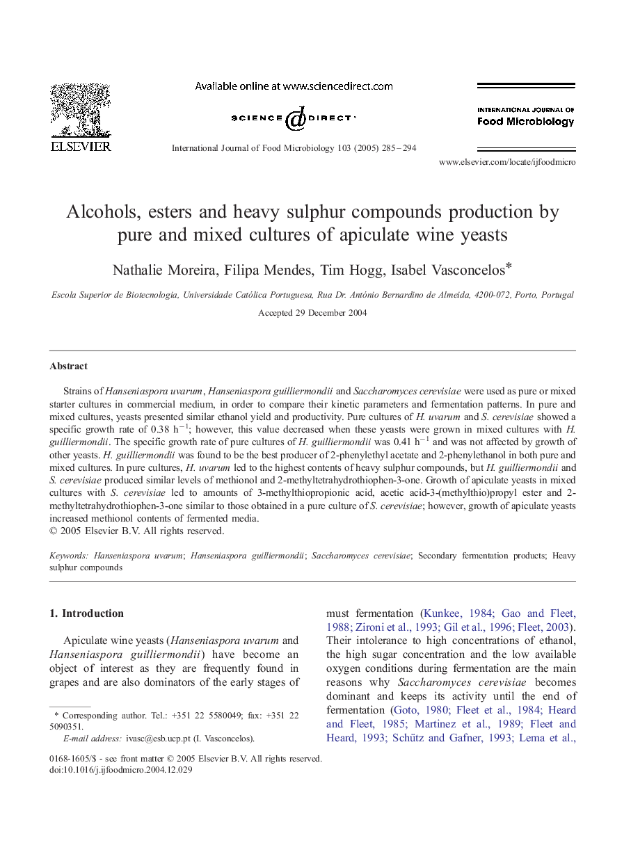 Alcohols, esters and heavy sulphur compounds production by pure and mixed cultures of apiculate wine yeasts