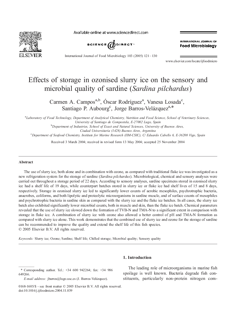 Effects of storage in ozonised slurry ice on the sensory and microbial quality of sardine (Sardina pilchardus)