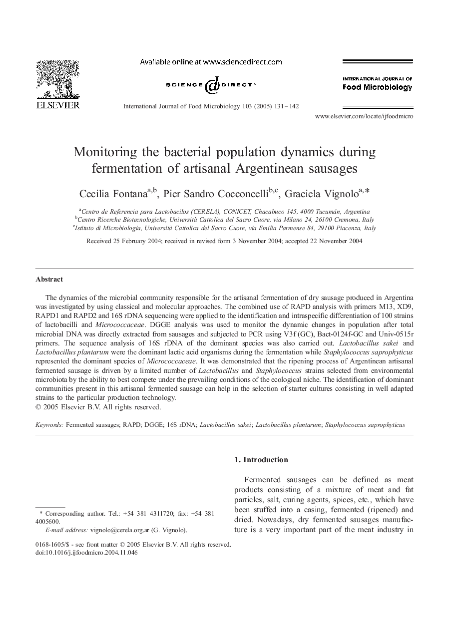 Monitoring the bacterial population dynamics during fermentation of artisanal Argentinean sausages