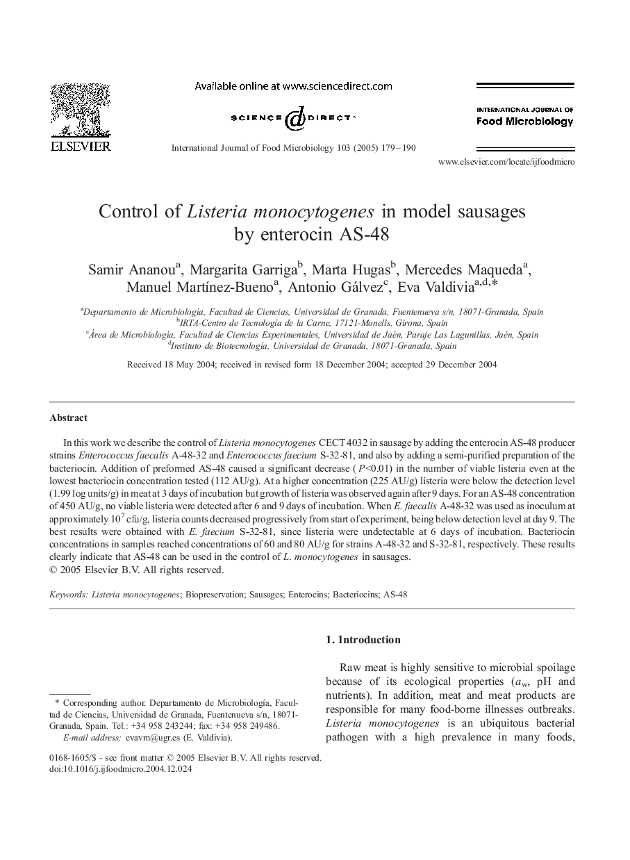 Control of Listeria monocytogenes in model sausages by enterocin AS-48