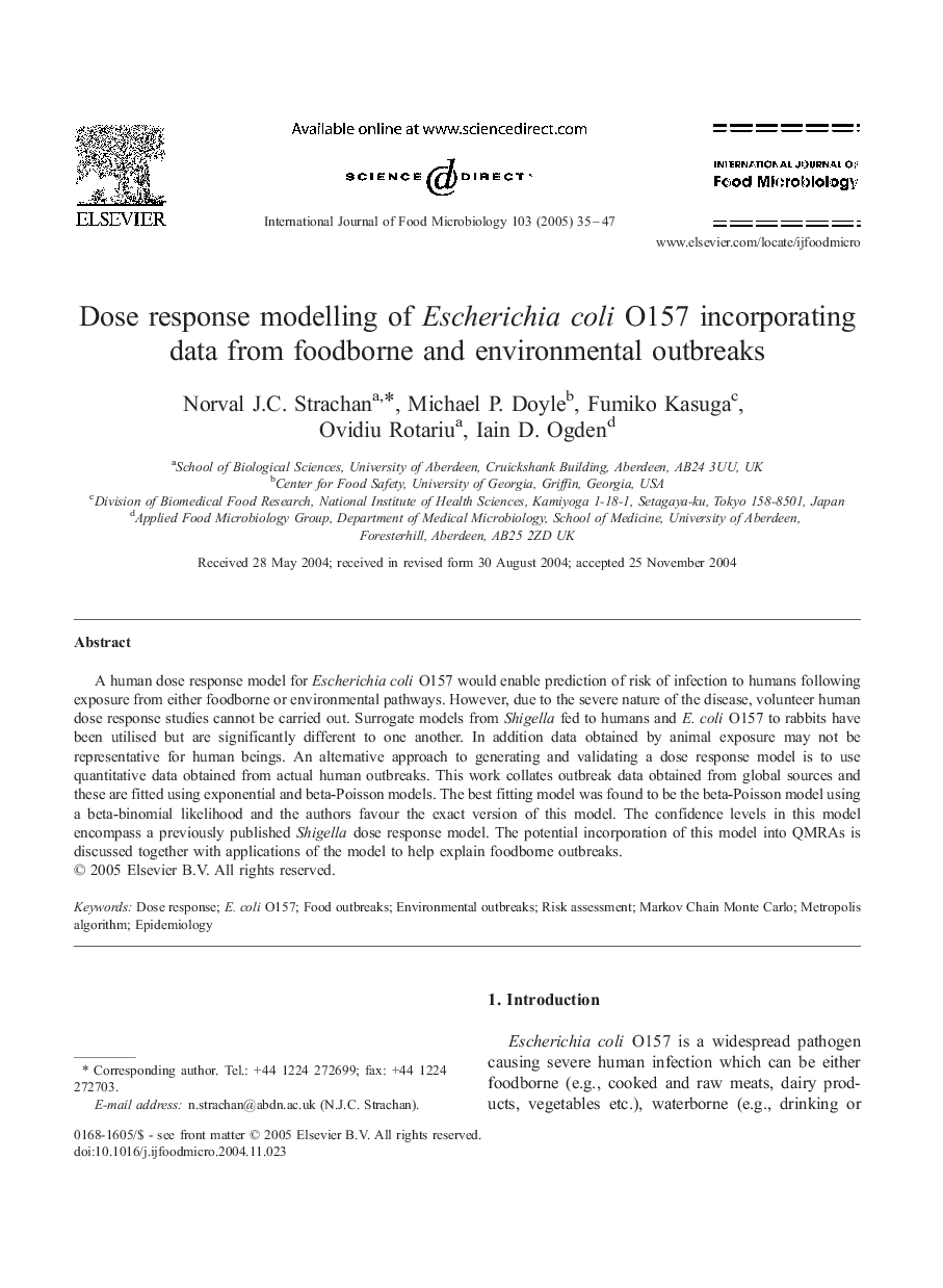 Dose response modelling of Escherichia coli O157 incorporating data from foodborne and environmental outbreaks