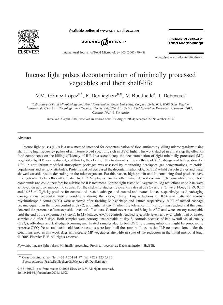 Intense light pulses decontamination of minimally processed vegetables and their shelf-life