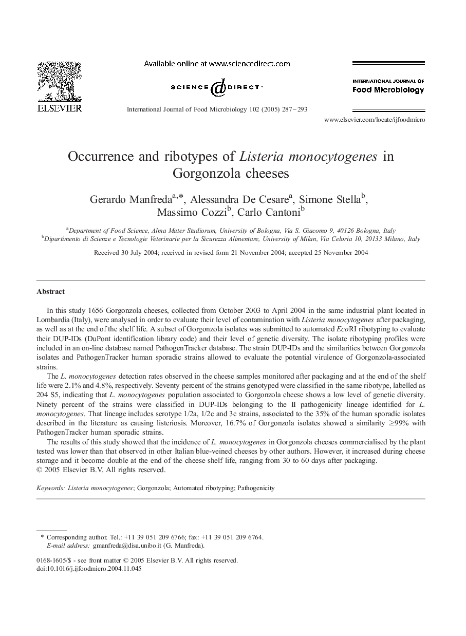 Occurrence and ribotypes of Listeria monocytogenes in Gorgonzola cheeses