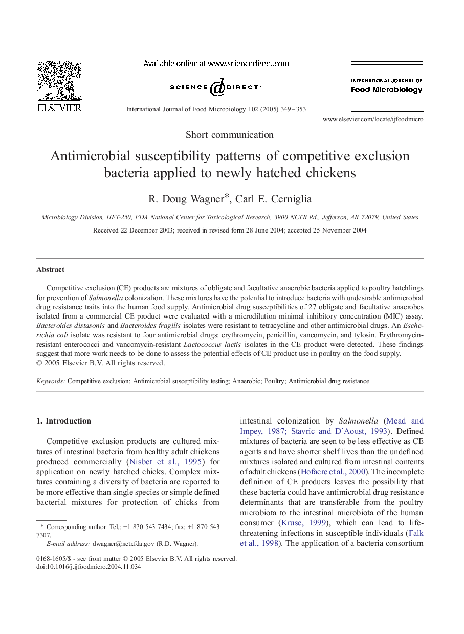 Antimicrobial susceptibility patterns of competitive exclusion bacteria applied to newly hatched chickens