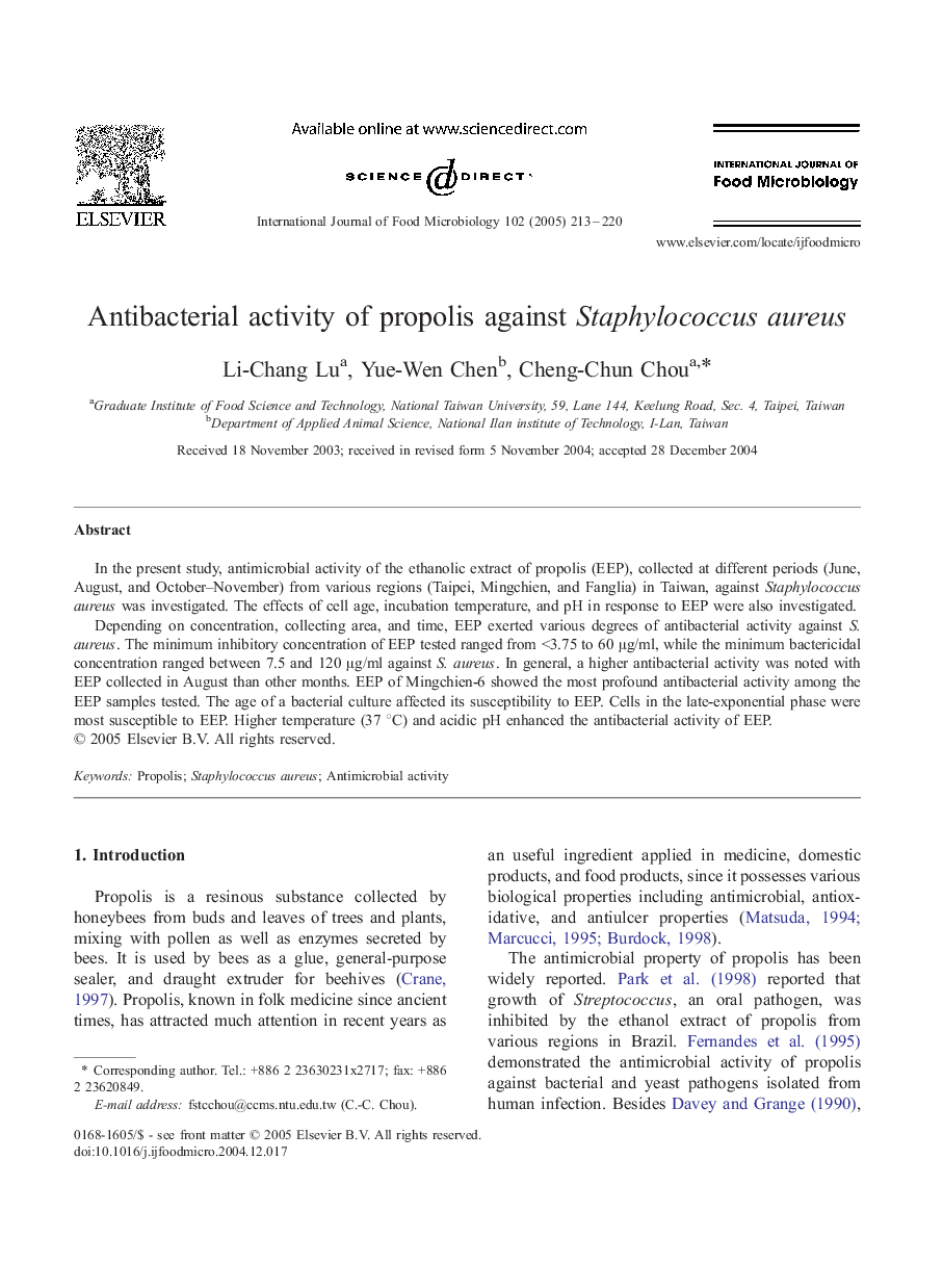 Antibacterial activity of propolis against Staphylococcus aureus