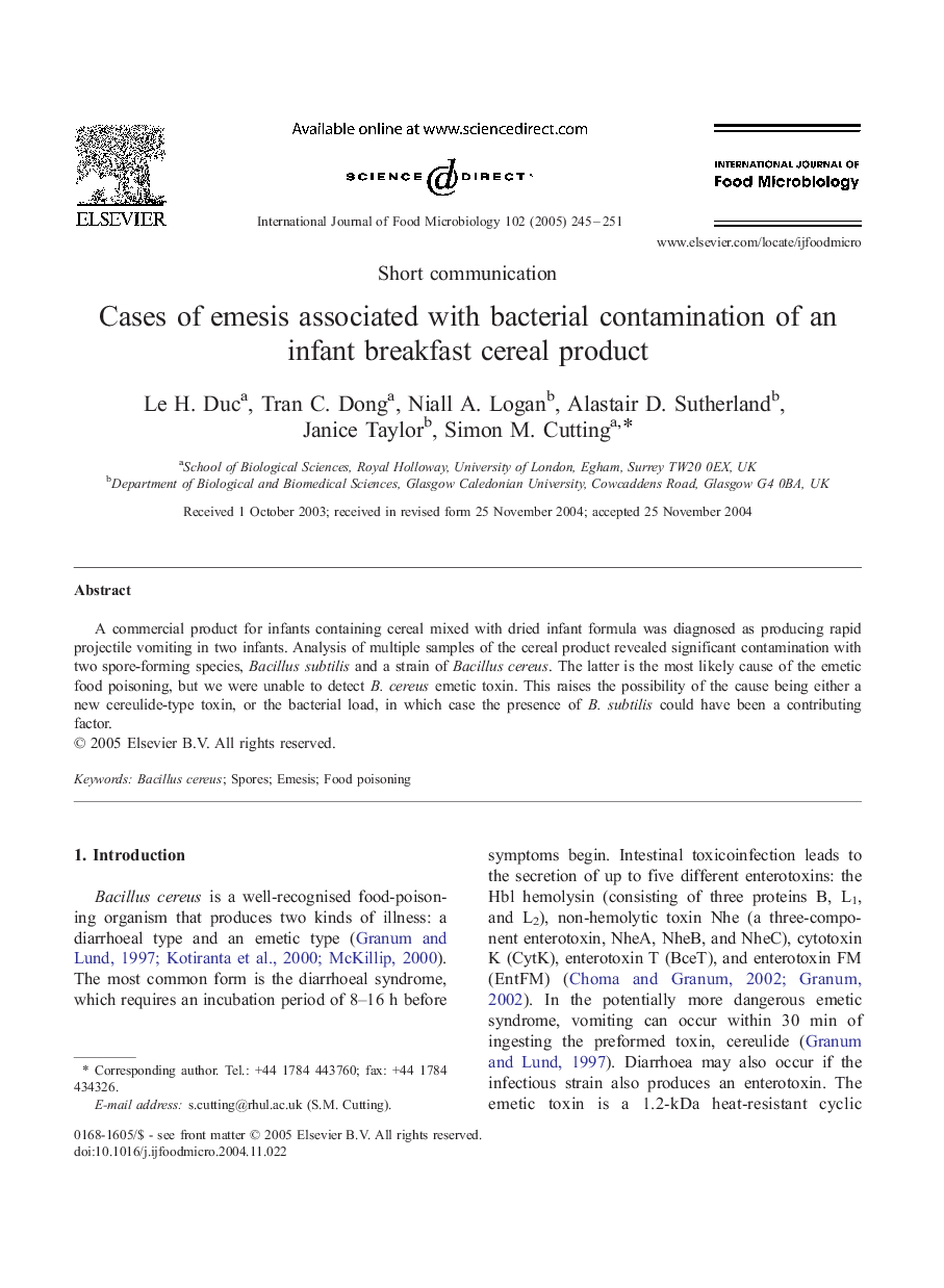 Cases of emesis associated with bacterial contamination of an infant breakfast cereal product