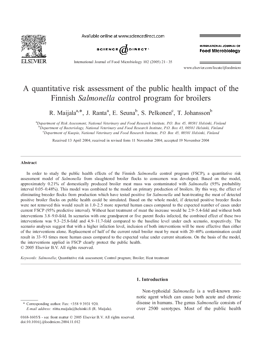 A quantitative risk assessment of the public health impact of the Finnish Salmonella control program for broilers