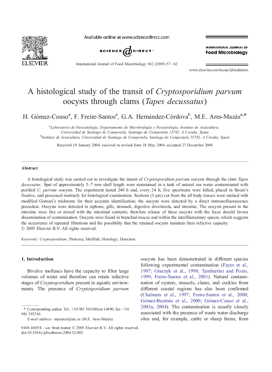 A histological study of the transit of Cryptosporidium parvum oocysts through clams (Tapes decussatus)