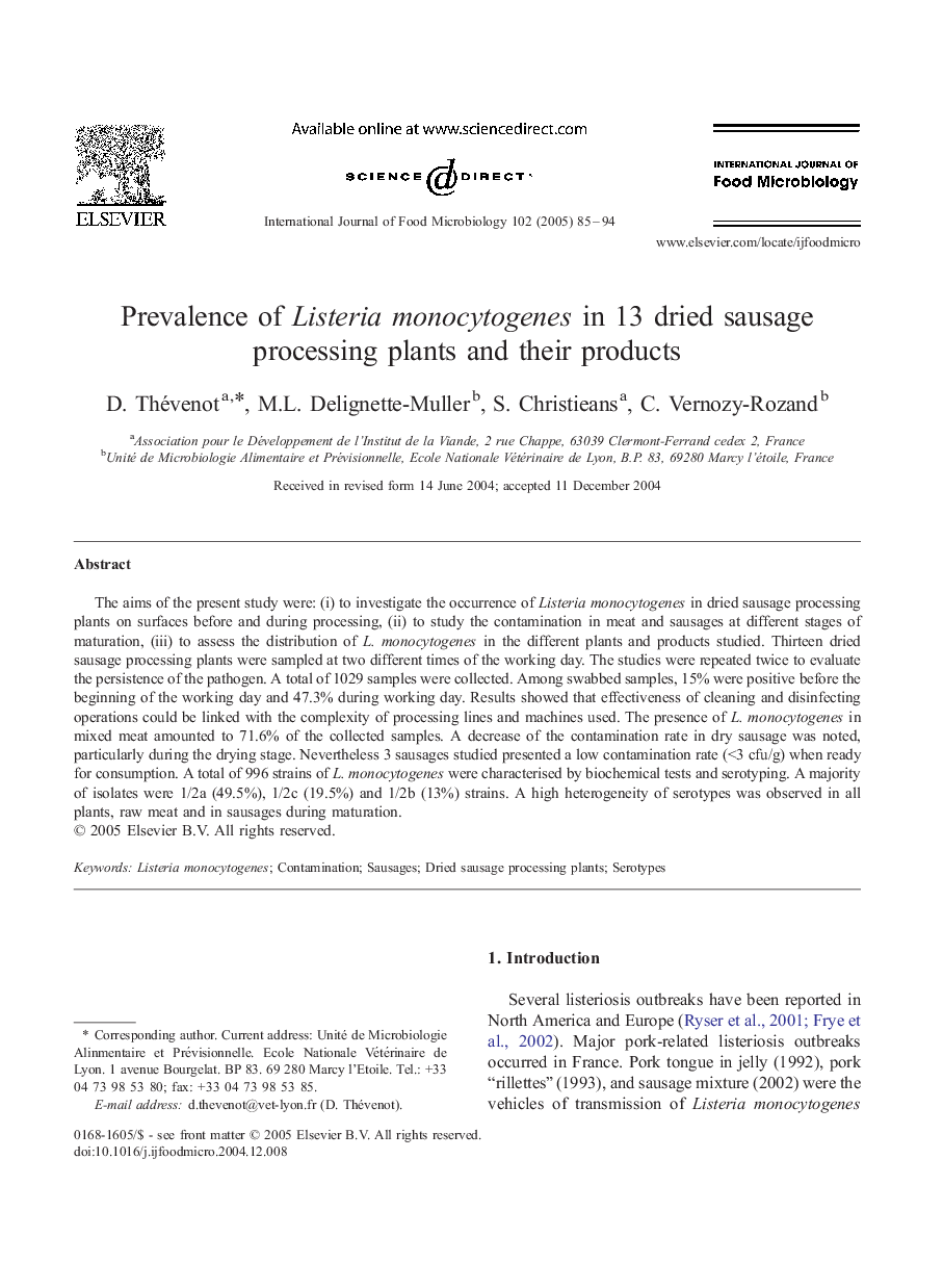 عکس صفحه اول مقاله: Prevalence of Listeria monocytogenes in 13 dried sausage processing plants and their products Prevalence of Listeria monocytogenes in 13 dried sausage processing plants and their products